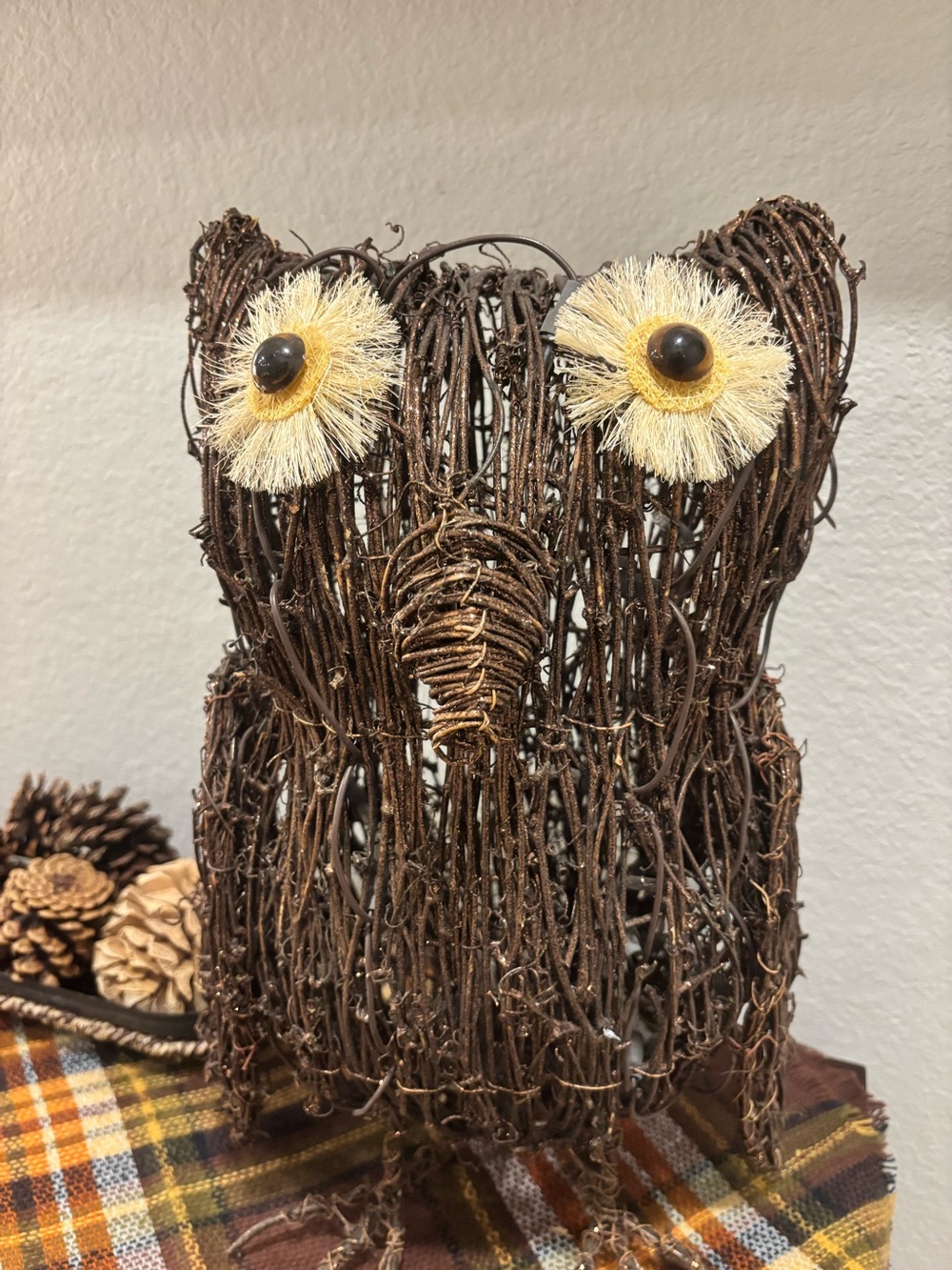 Rustic Vintage Light-Up Wicker Twig Owl Sculpture 17x12” Woven Branch Body